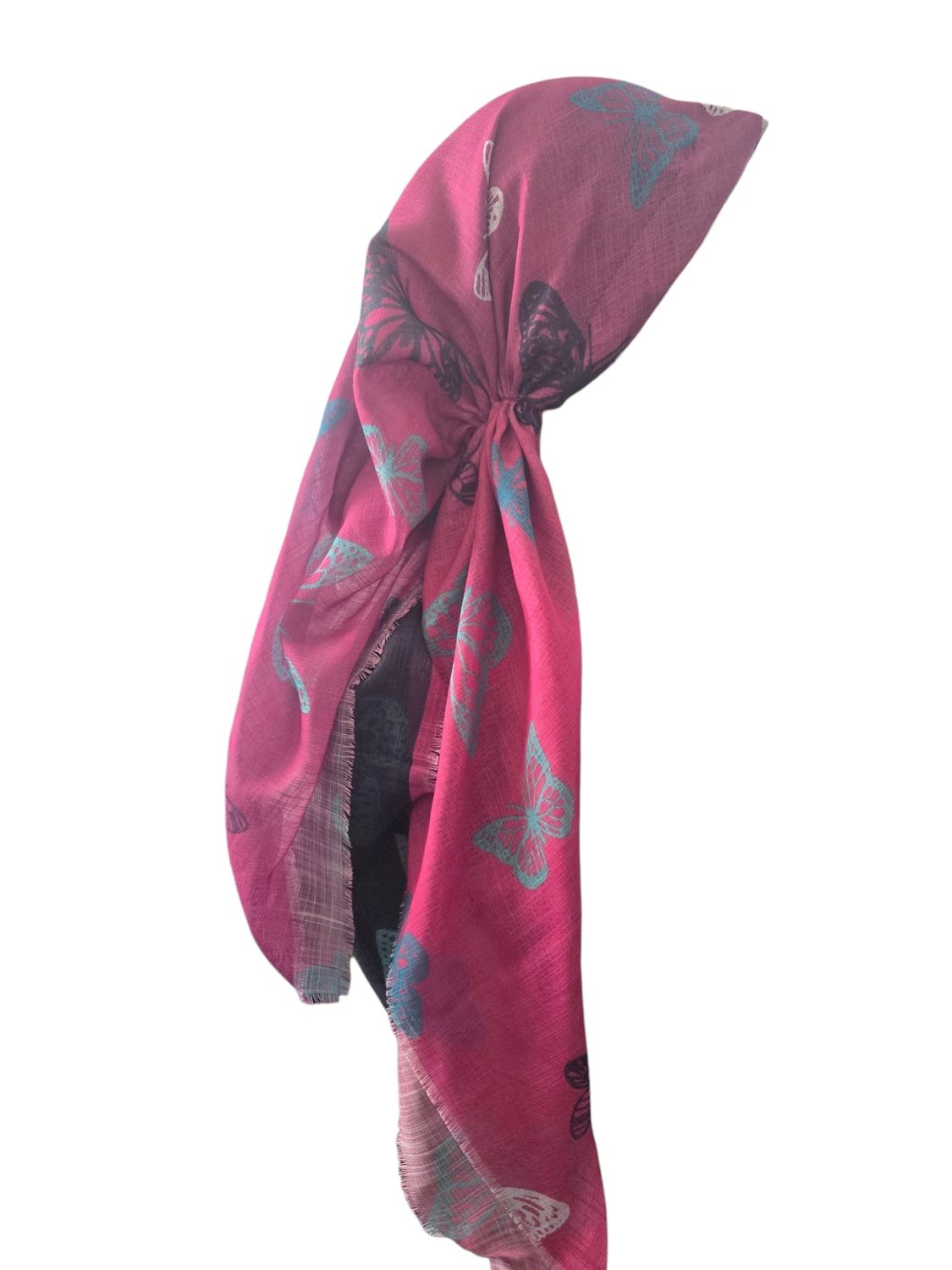 Berry shaded butterflies -  long kerchief back - soft fringes pretied tichel (BBS) w/band sewn in