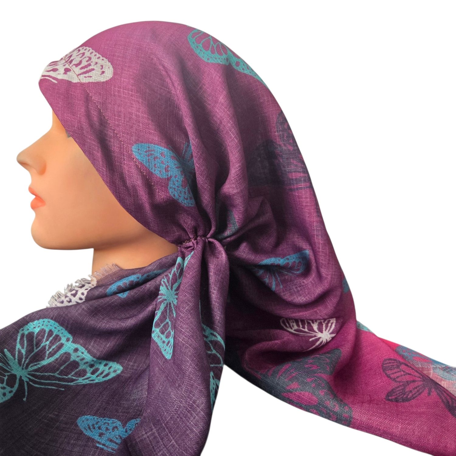 Berry shaded butterflies -  long kerchief back - soft fringes pretied tichel (BBS) w/band sewn in