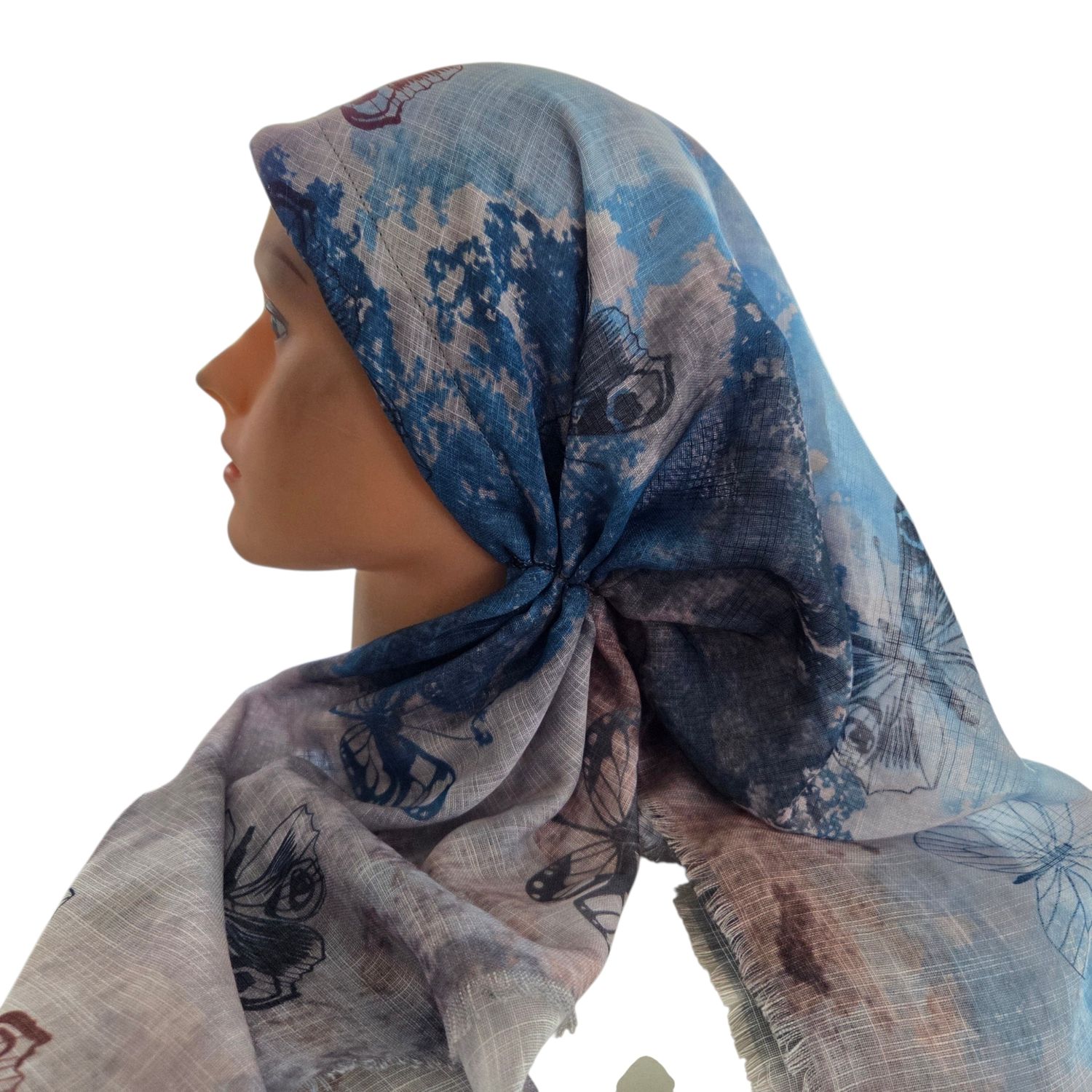 Light blue shaded butterflies -  long kerchief back - soft fringes pretied tichel (BBS) w/band sewn in