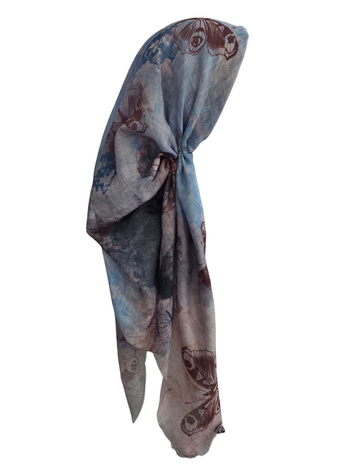 Light blue shaded butterflies -  long kerchief back - soft fringes pretied tichel (BBS) w/band sewn in