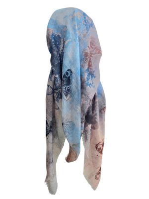 Light blue shaded butterflies -  long kerchief back - soft fringes pretied tichel (BBS) w/band sewn in