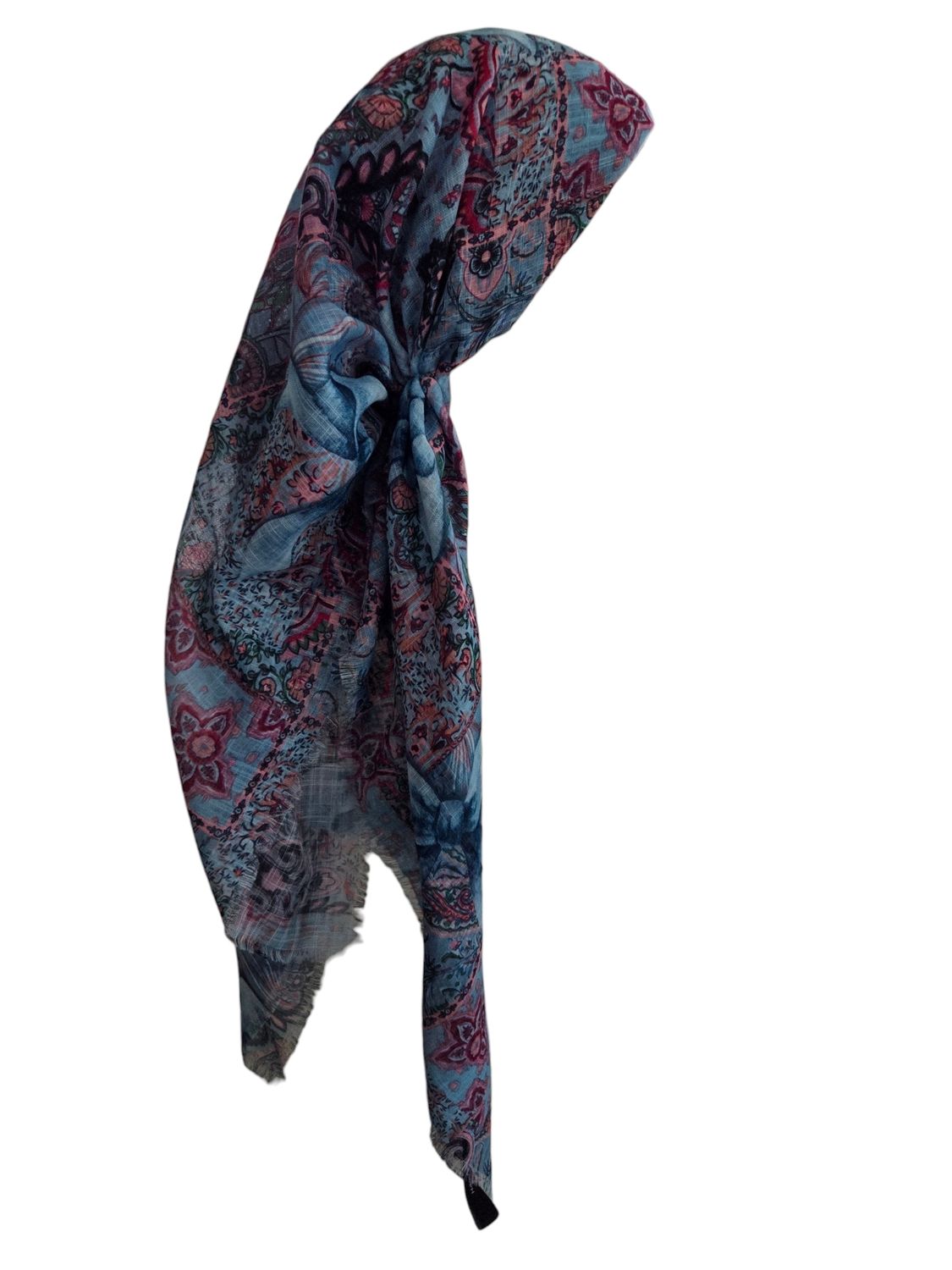 Light blue patterned &amp; bow -  long kerchief back - soft fringes pretied tichel (BBS) w/band sewn in