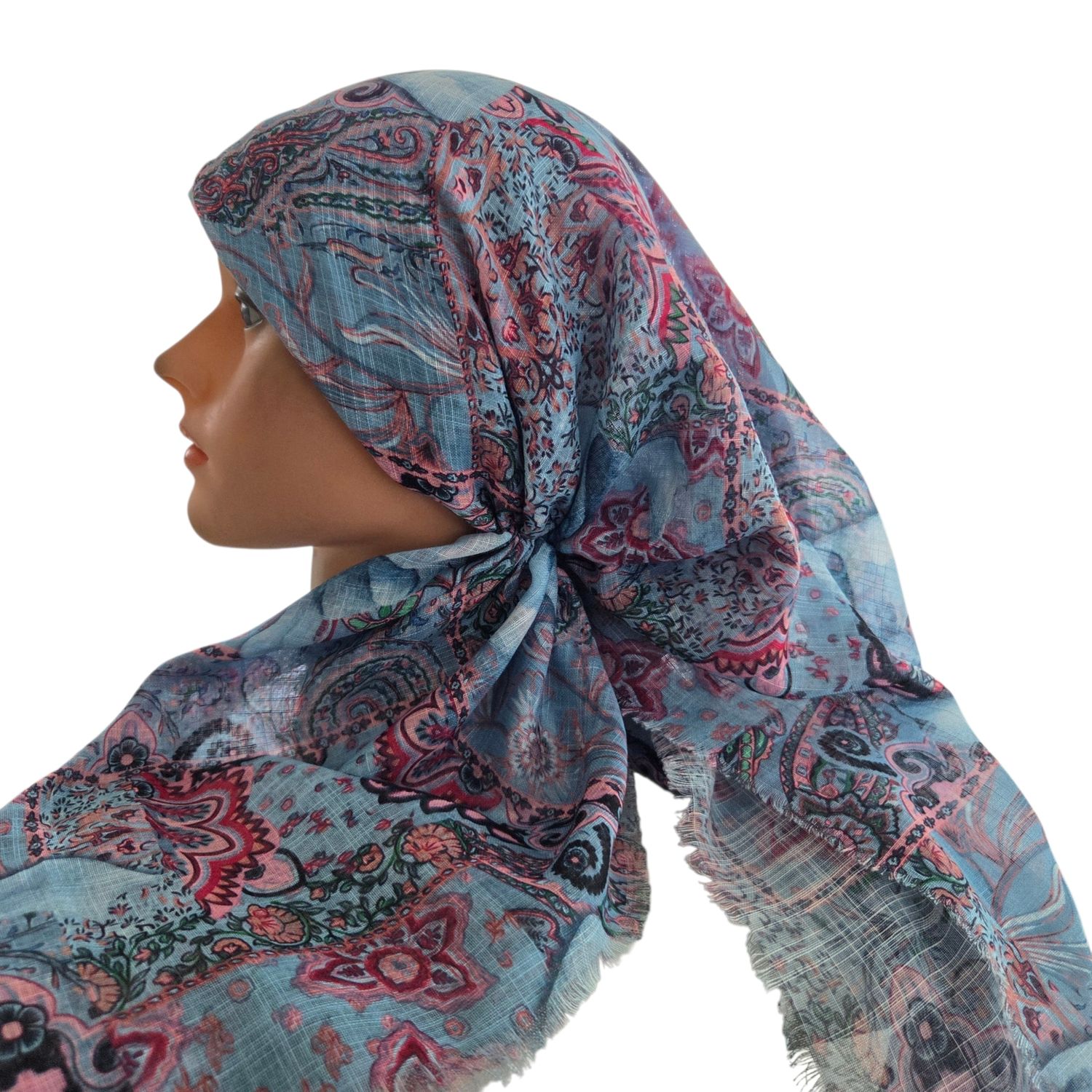 Light blue patterned &amp; bow -  long kerchief back - soft fringes pretied tichel (BBS) w/band sewn in