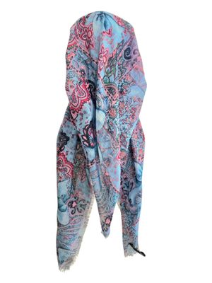 Light blue patterned &amp; bow -  long kerchief back - soft fringes pretied tichel (BBS) w/band sewn in