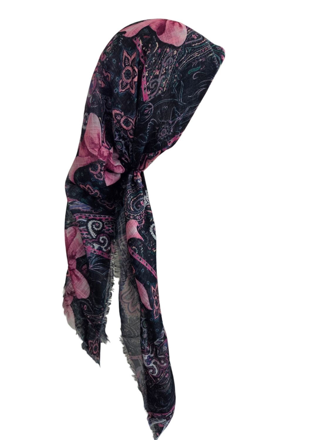 Black patterned &amp; bow -  long kerchief back - soft fringes pretied tichel (BBS) w/band sewn in