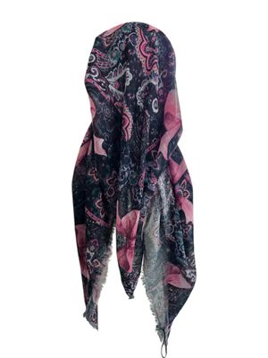 Black patterned &amp; bow -  long kerchief back - soft fringes pretied tichel (BBS) w/band sewn in