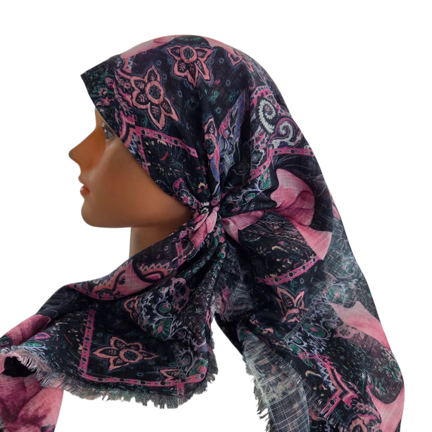 Black patterned &amp; bow -  long kerchief back - soft fringes pretied tichel (BBS) w/band sewn in