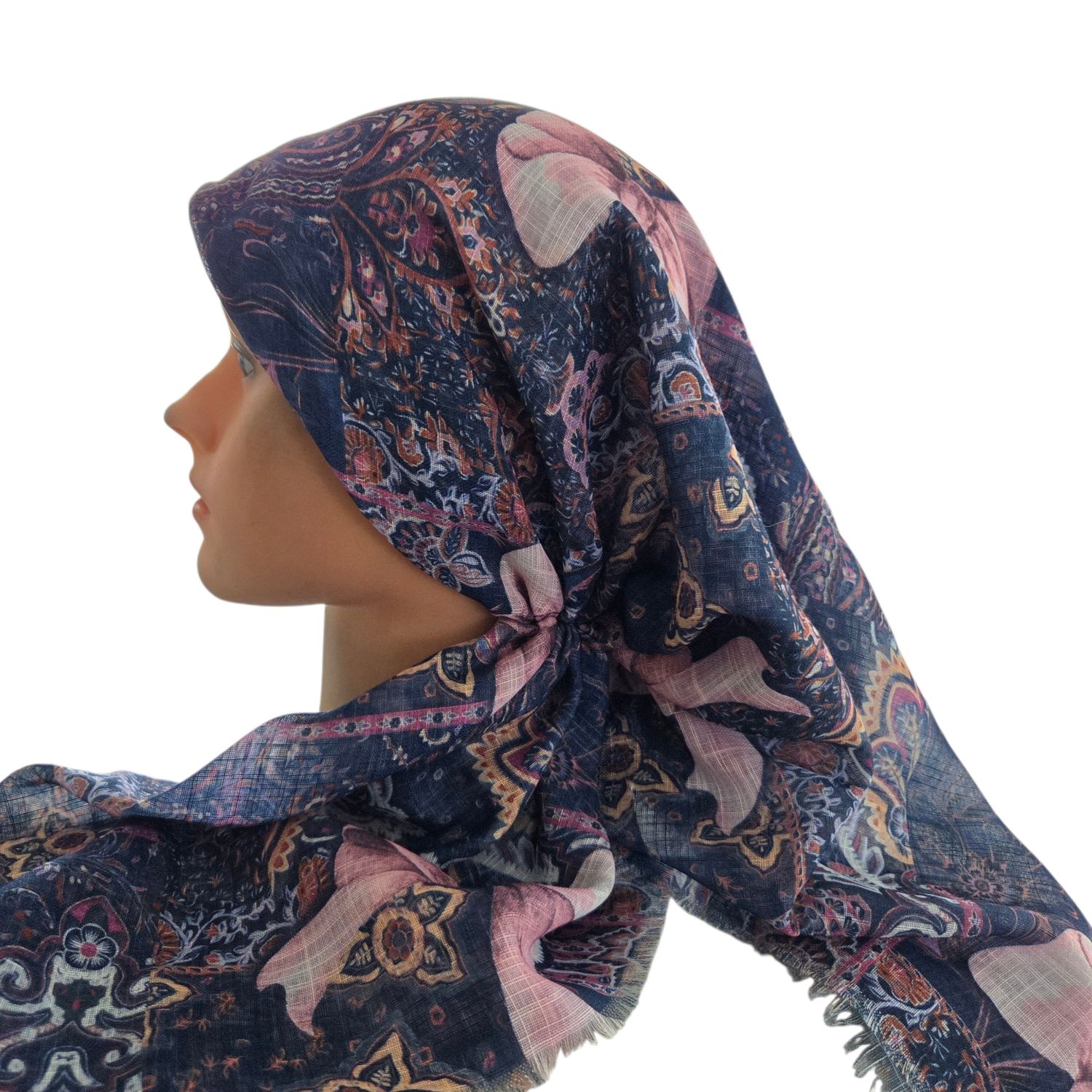 Navy patterned &amp; bow -  long kerchief back - soft fringes pretied tichel (BBS) w/band sewn in