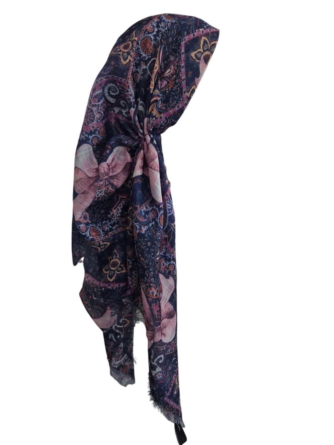 Navy patterned &amp; bow -  long kerchief back - soft fringes pretied tichel (BBS) w/band sewn in