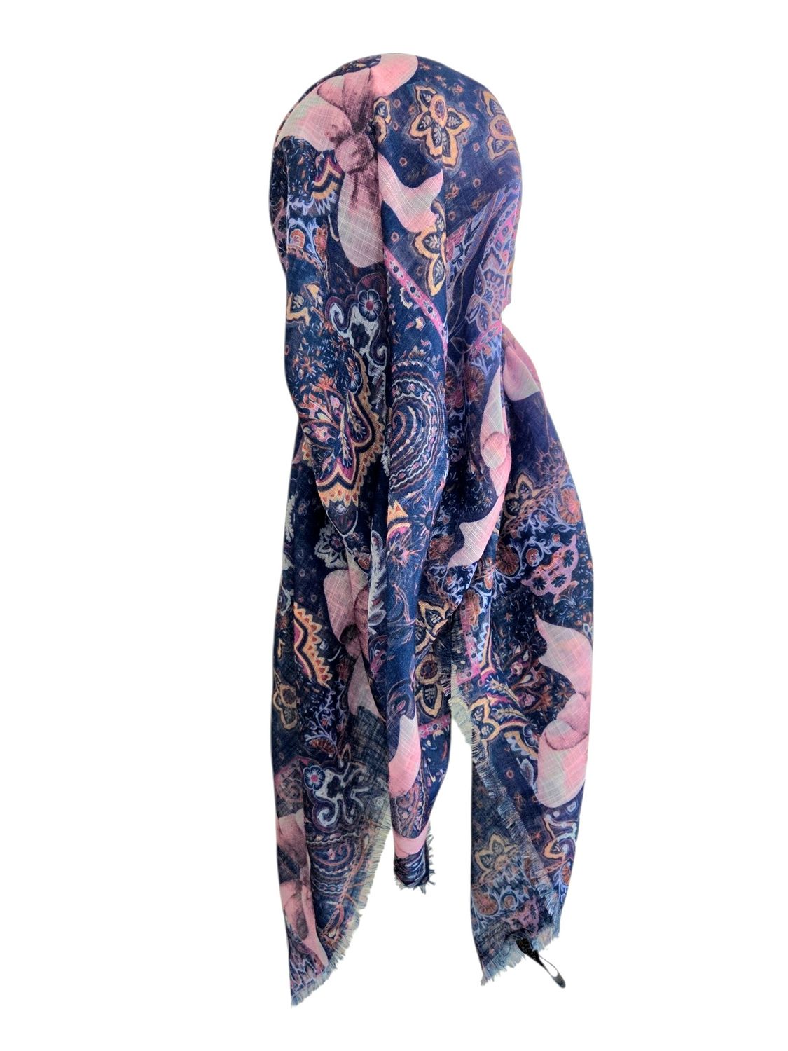 Navy patterned &amp; bow -  long kerchief back - soft fringes pretied tichel (BBS) w/band sewn in