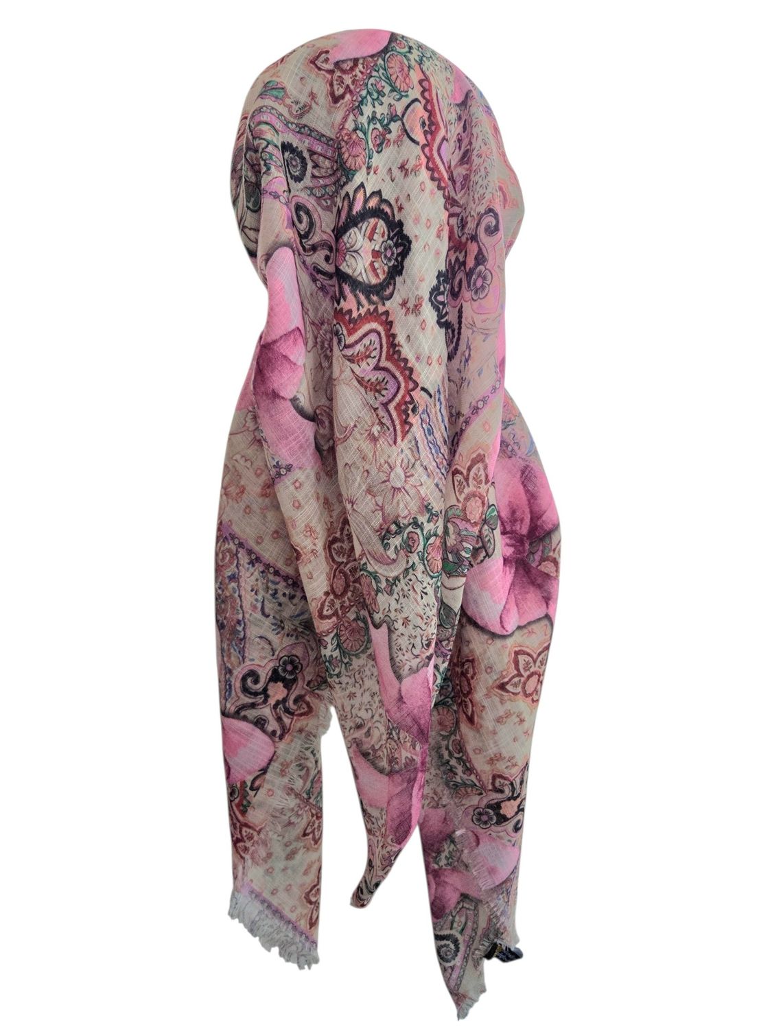 Off white  patterned &amp; bow -  long kerchief back - soft fringes pretied tichel (BBS) w/band sewn in