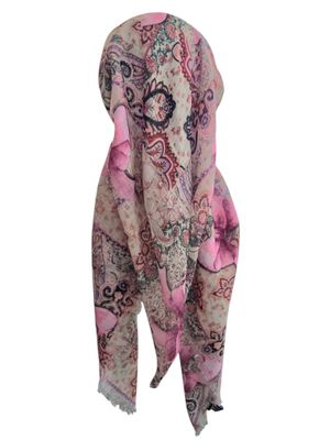 Off white  patterned &amp; bow -  long kerchief back - soft fringes pretied tichel (BBS) w/band sewn in