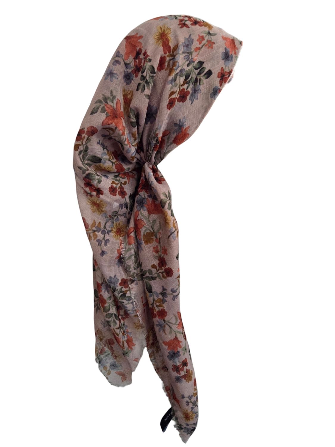Pinky mocha -  long kerchief back - soft fringes pretied tichel (BBS) w/band sewn in