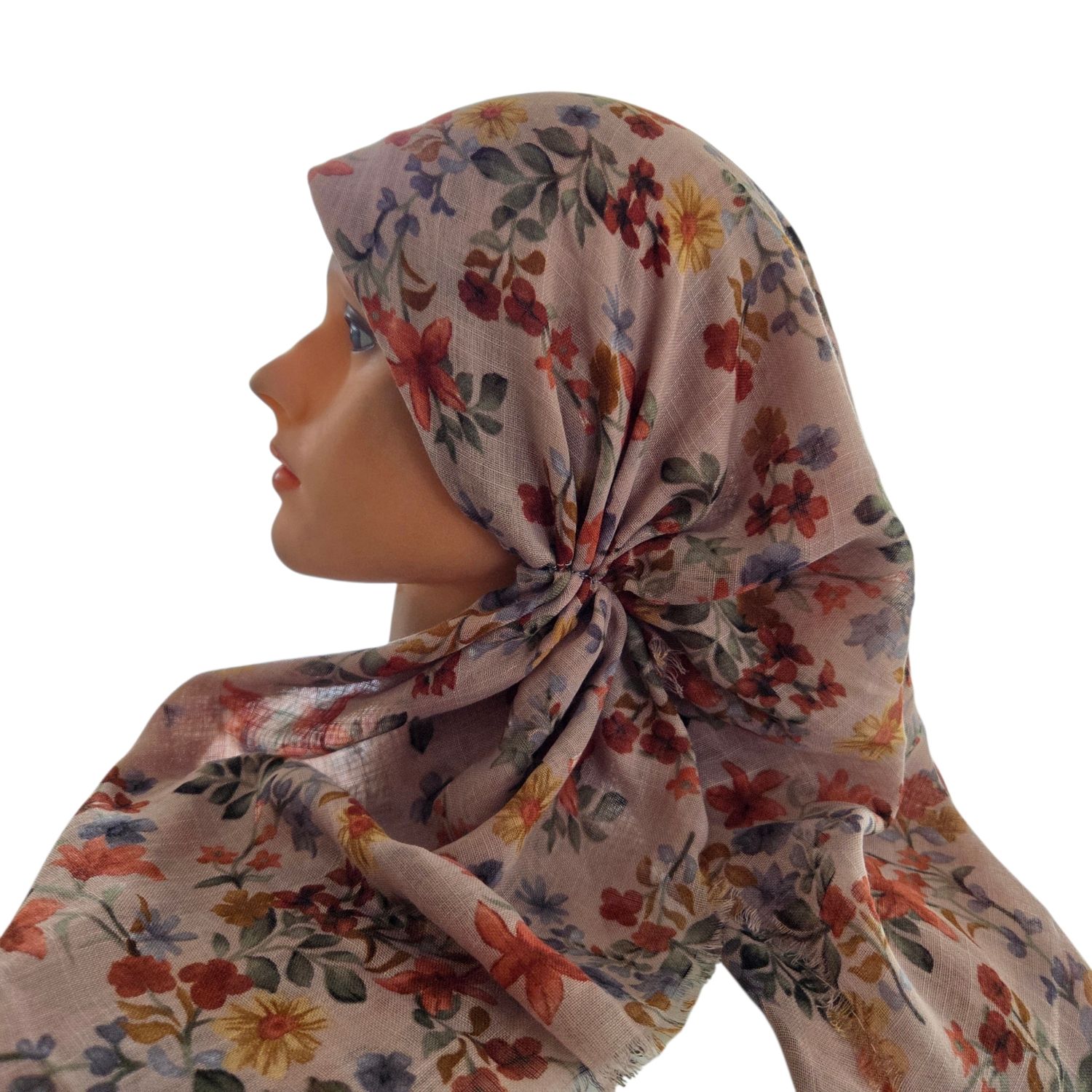 Pinky mocha -  long kerchief back - soft fringes pretied tichel (BBS) w/band sewn in