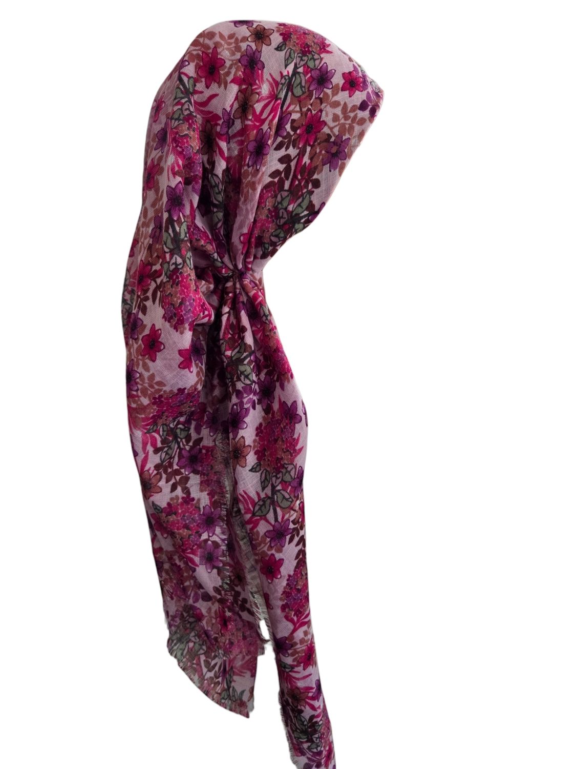 Pink colorful -  long kerchief back - soft fringes pretied tichel (BBS) w/band sewn in