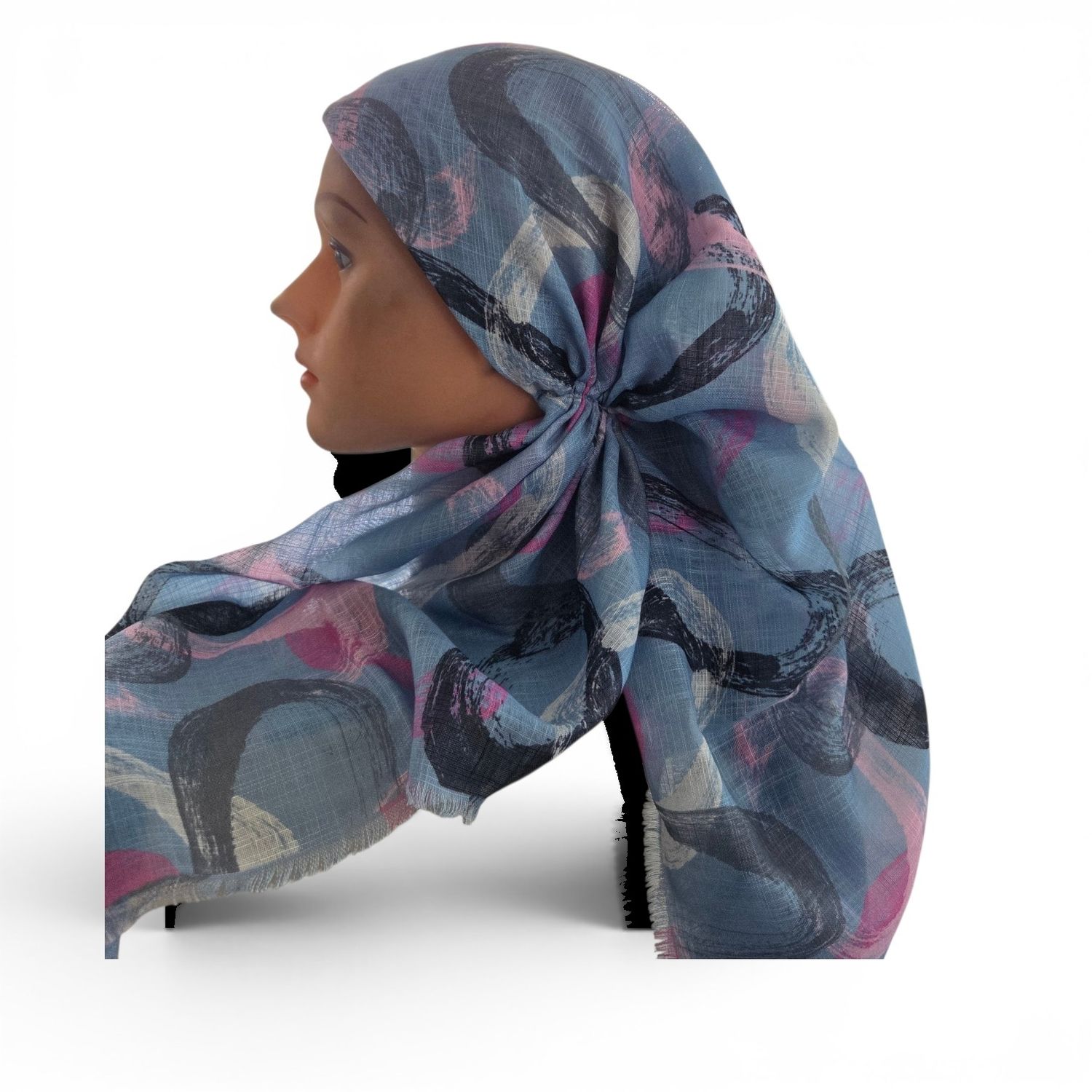 Light denim swirls - long kerchief back - soft fringes pretied tichel (BBS) w/band sewn in
