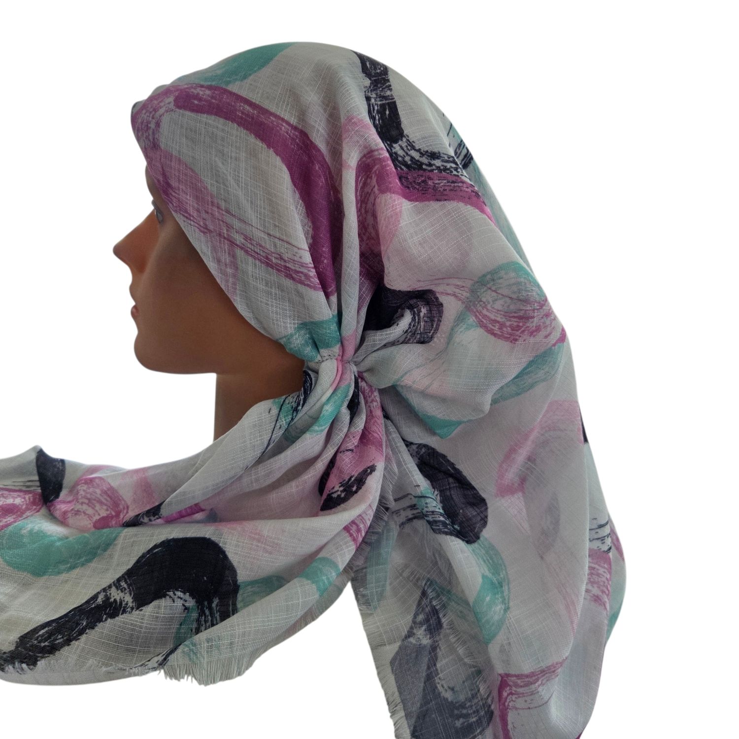 White light pastel swirls - long kerchief back - soft fringes pretied tichel (BBS) w/band sewn in