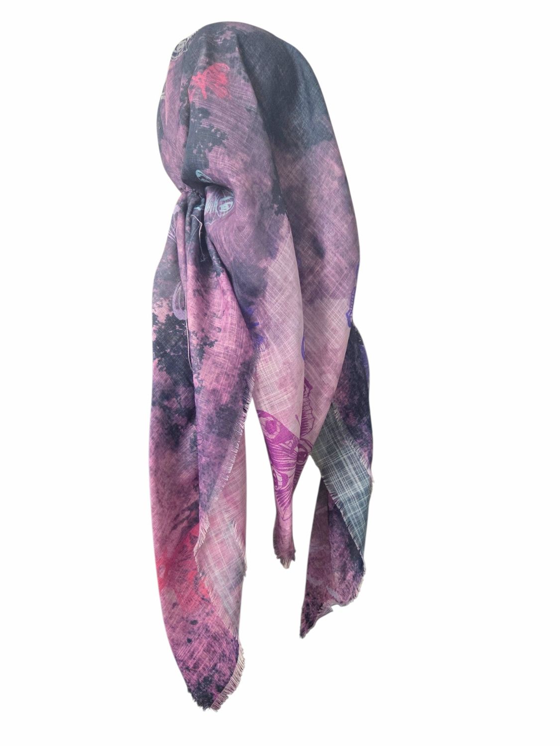 Light pink shaded butterflies -  long kerchief back - soft fringes pretied tichel (BBS) w/band sewn in