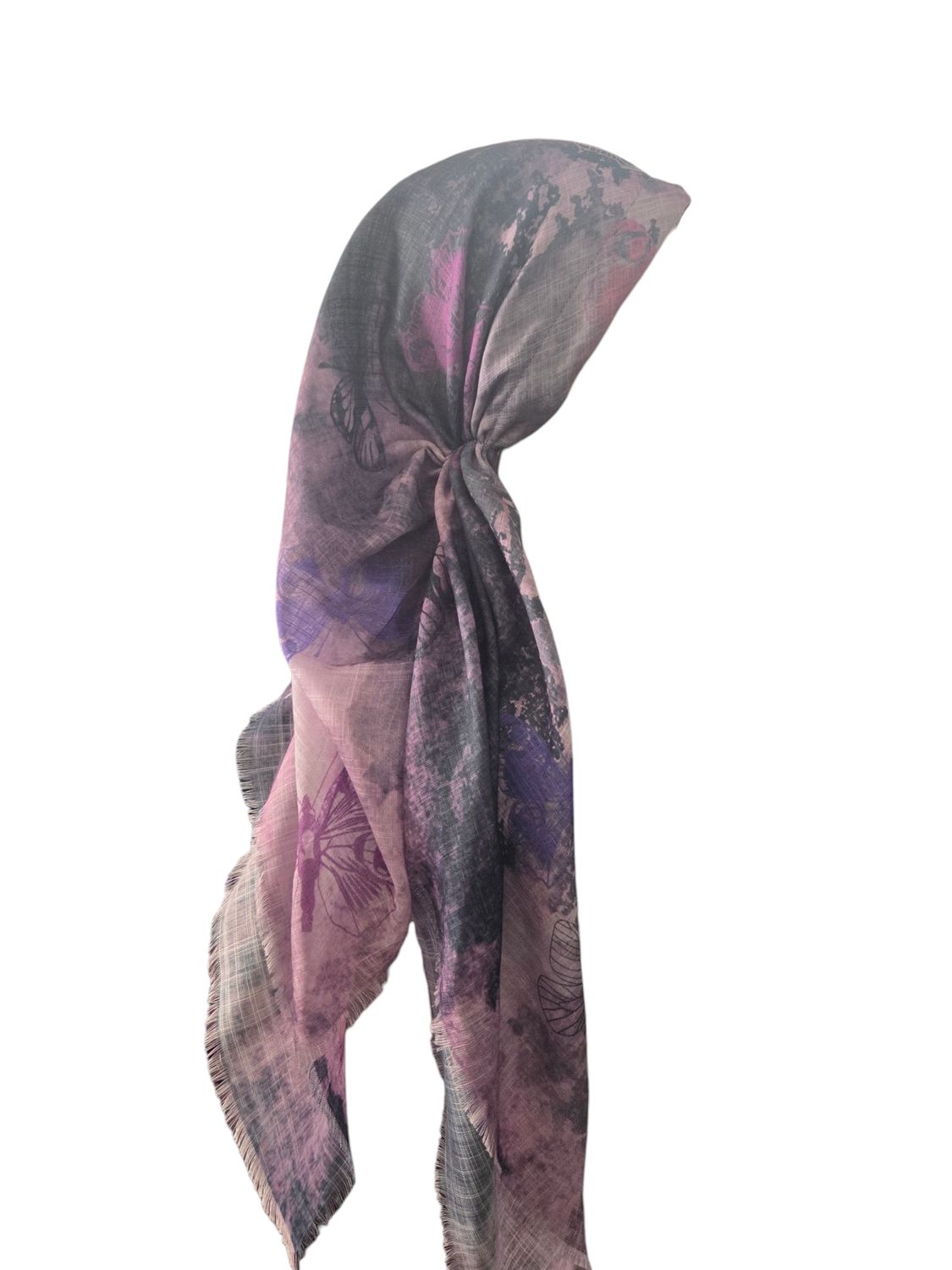 Light pink shaded butterflies -  long kerchief back - soft fringes pretied tichel (BBS) w/band sewn in