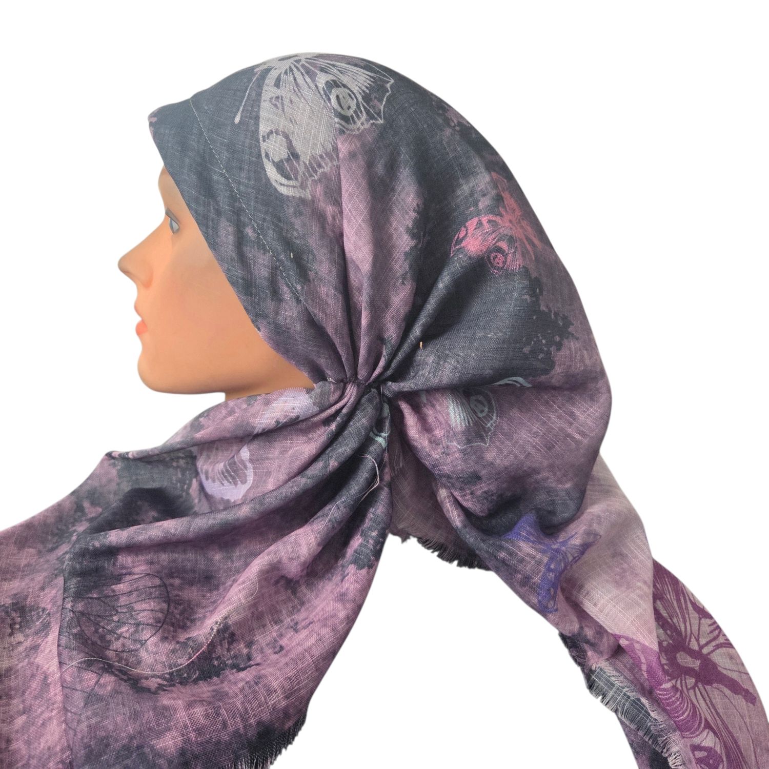 Light pink shaded butterflies -  long kerchief back - soft fringes pretied tichel (BBS) w/band sewn in