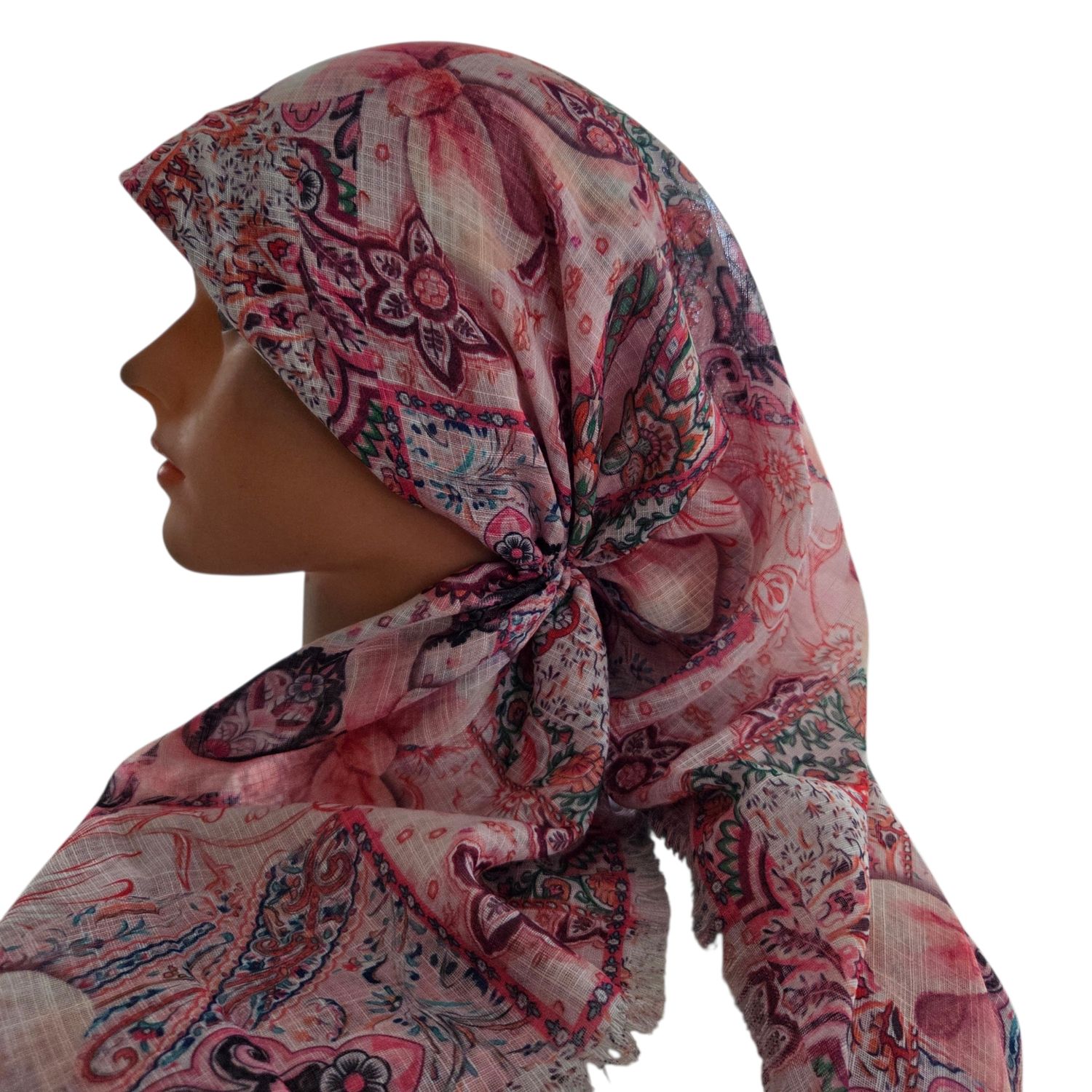 White  patterned &amp; bow -  long kerchief back - soft fringes pretied tichel (BBS) w/band sewn in