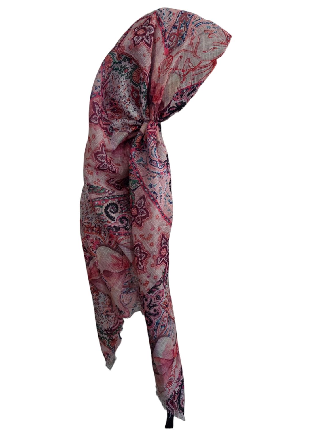 White  patterned &amp; bow -  long kerchief back - soft fringes pretied tichel (BBS) w/band sewn in