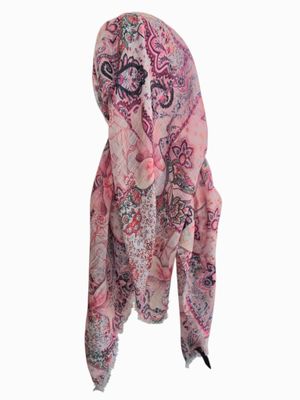 White  patterned &amp; bow -  long kerchief back - soft fringes pretied tichel (BBS) w/band sewn in