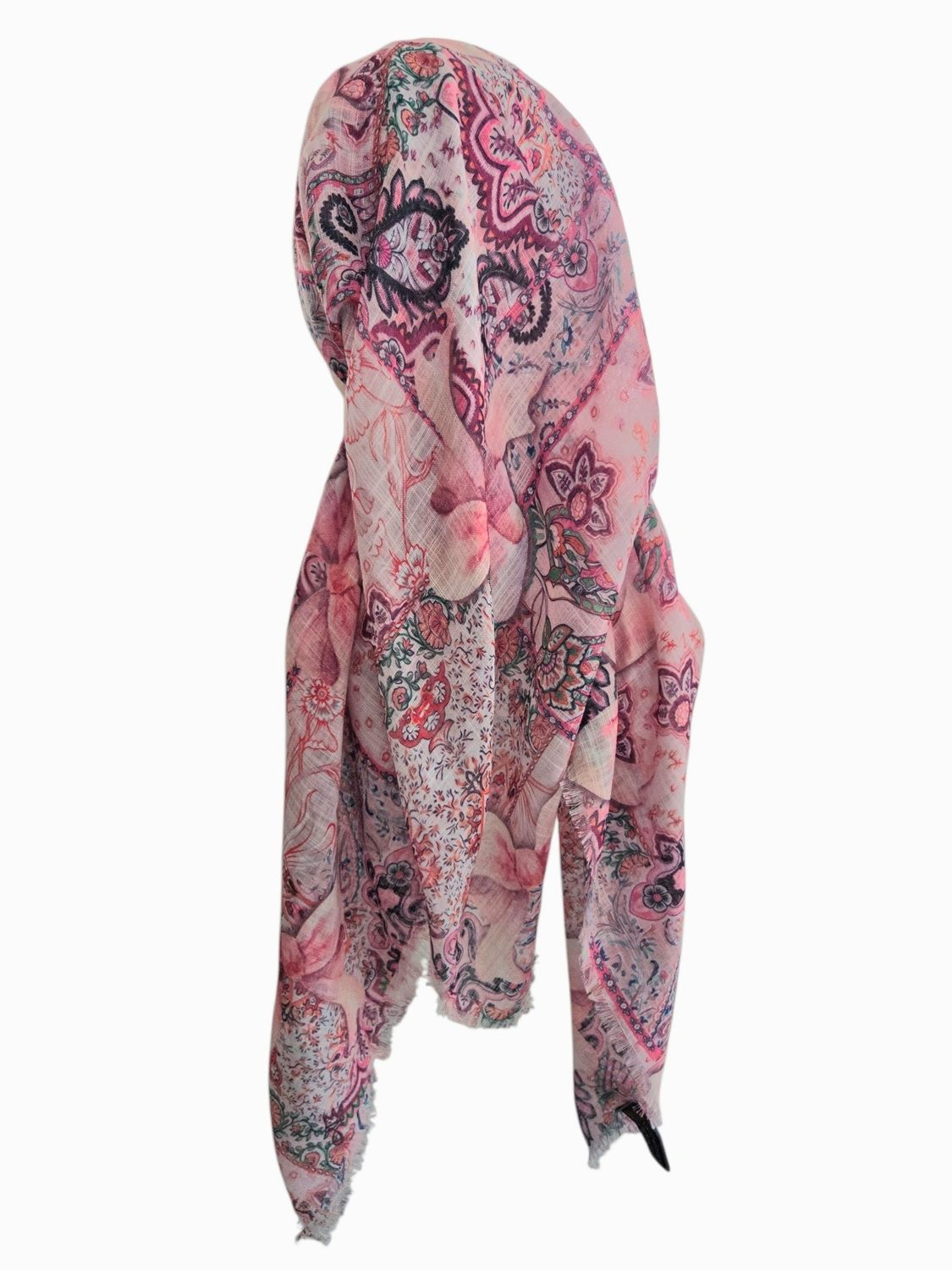 White  patterned &amp; bow -  long kerchief back - soft fringes pretied tichel (BBS) w/band sewn in
