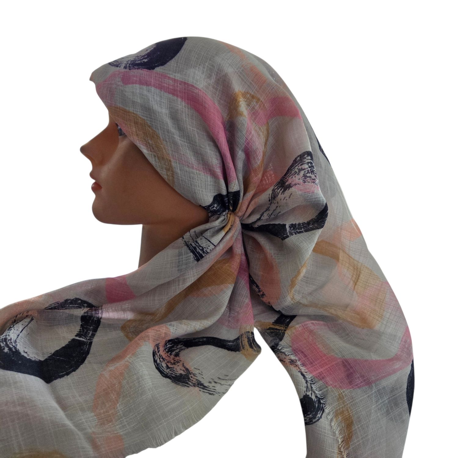 Taupe swirls - long kerchief back - soft fringes pretied tichel (BBS) w/band sewn in