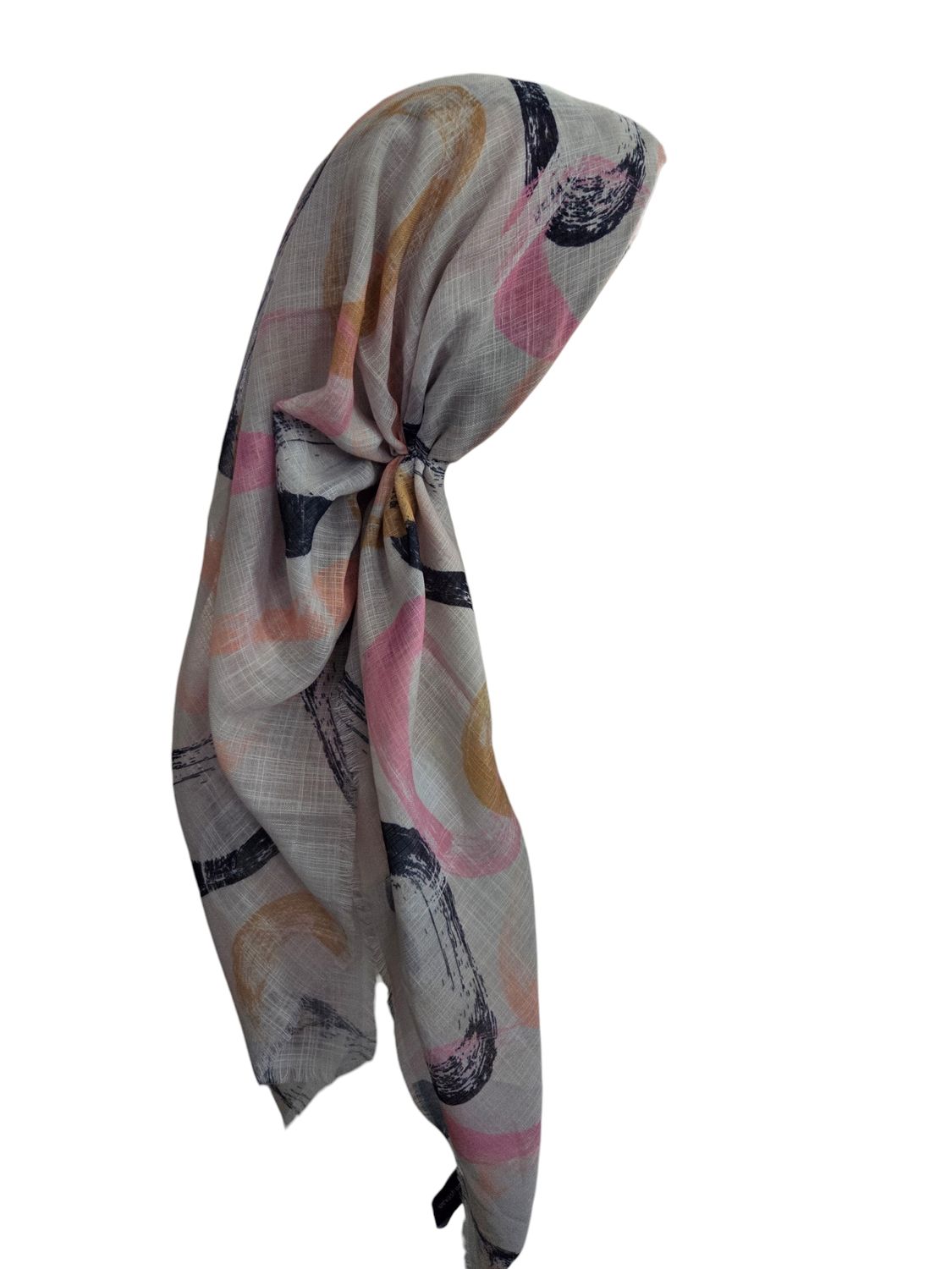 Taupe swirls - long kerchief back - soft fringes pretied tichel (BBS) w/band sewn in