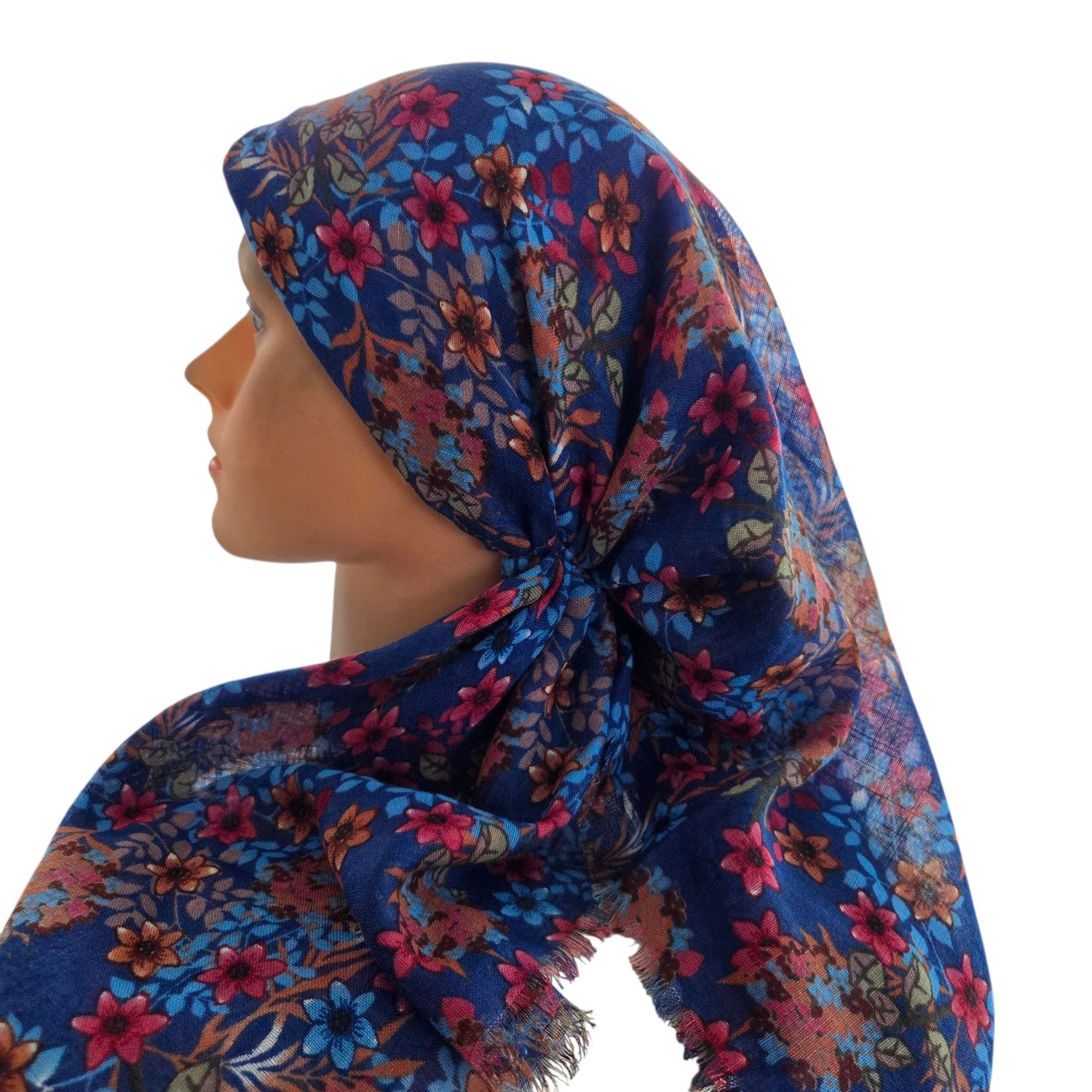Bright blue -  long kerchief back - soft fringes pretied tichel (BBS) w/band sewn in