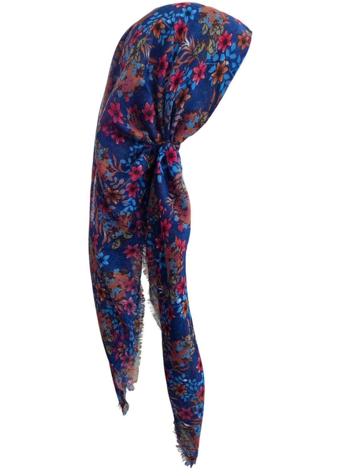 Bright blue -  long kerchief back - soft fringes pretied tichel (BBS) w/band sewn in