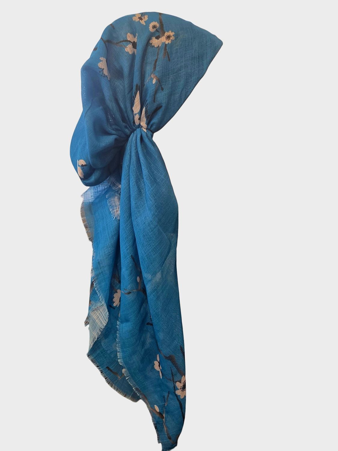 Deep ocean blue flowers &amp; birds - soft fringes pretied tichel