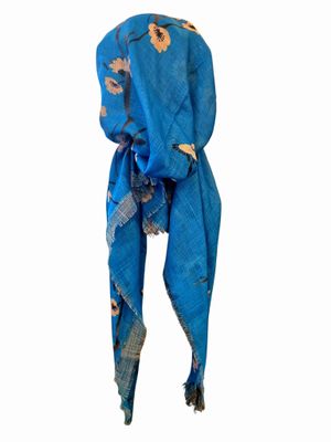 Deep ocean blue flowers &amp; birds - soft fringes pretied tichel