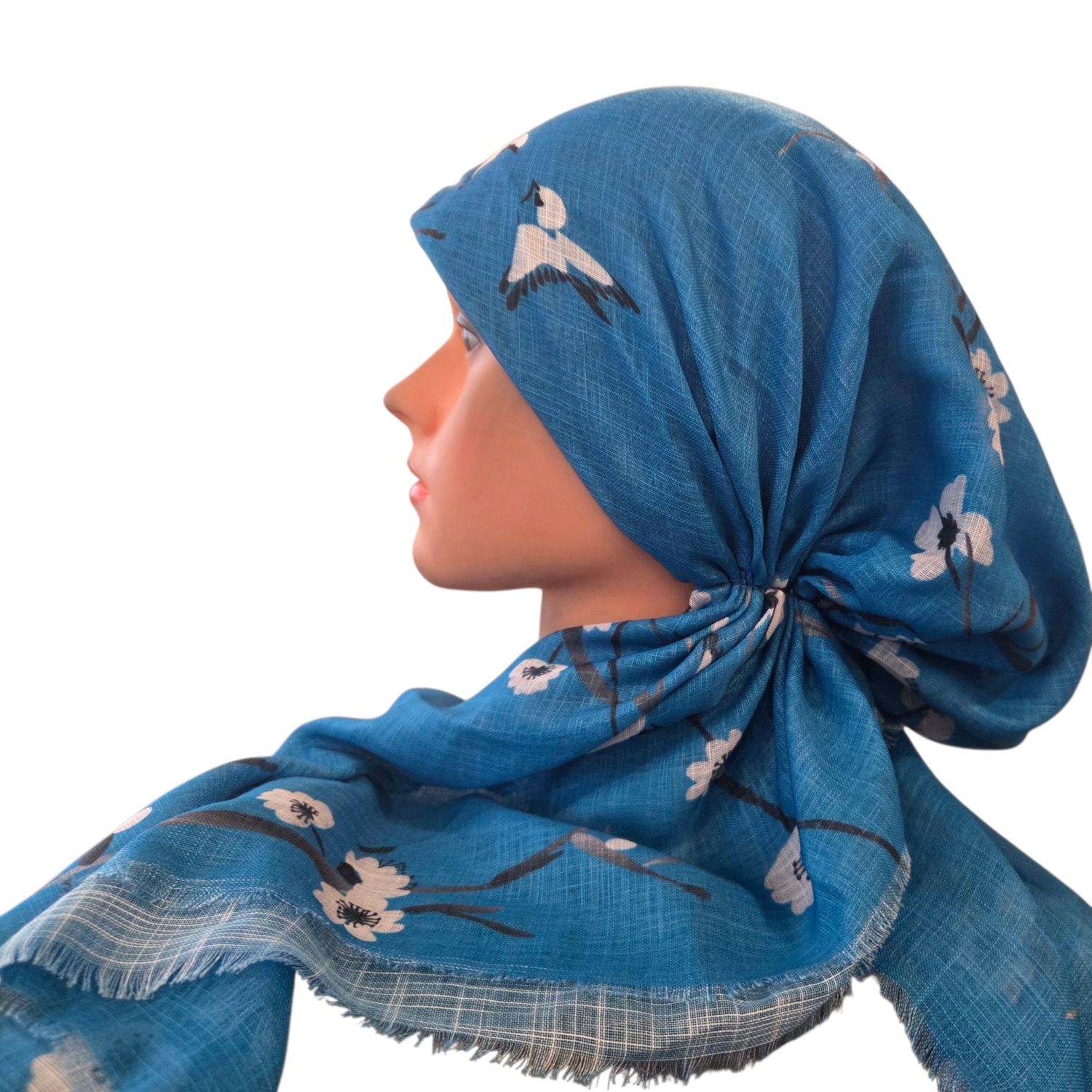 Deep ocean blue flowers &amp; birds - soft fringes pretied tichel