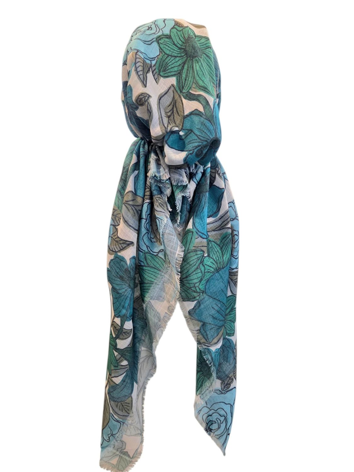 Turquoise Spring Flowers - soft fringes pretied tichel