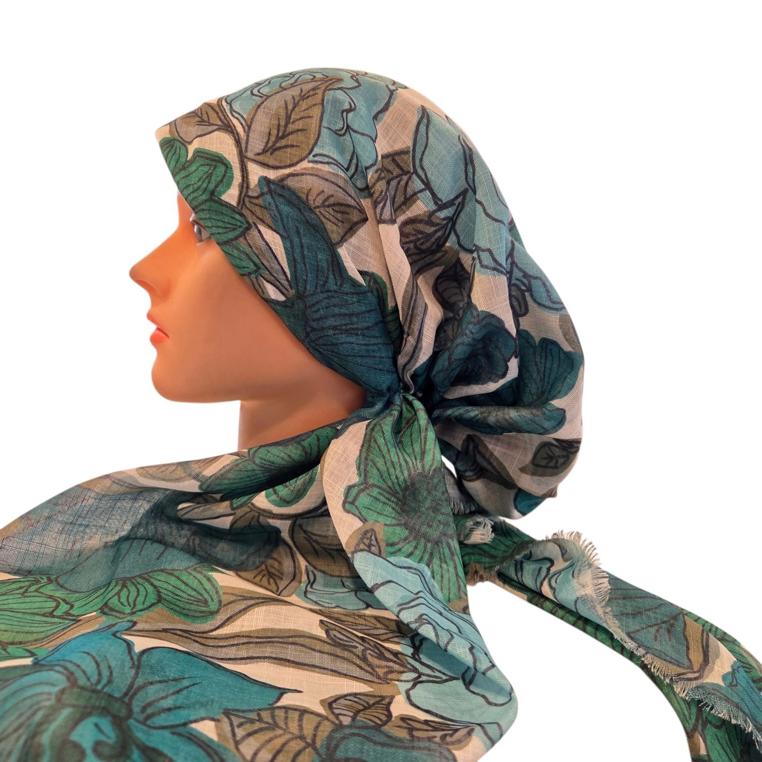 Turquoise Spring Flowers - soft fringes pretied tichel
