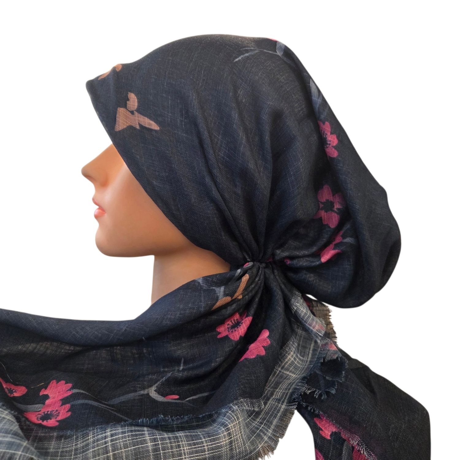 Navy flowers &amp; birds - soft fringes pretied tichel