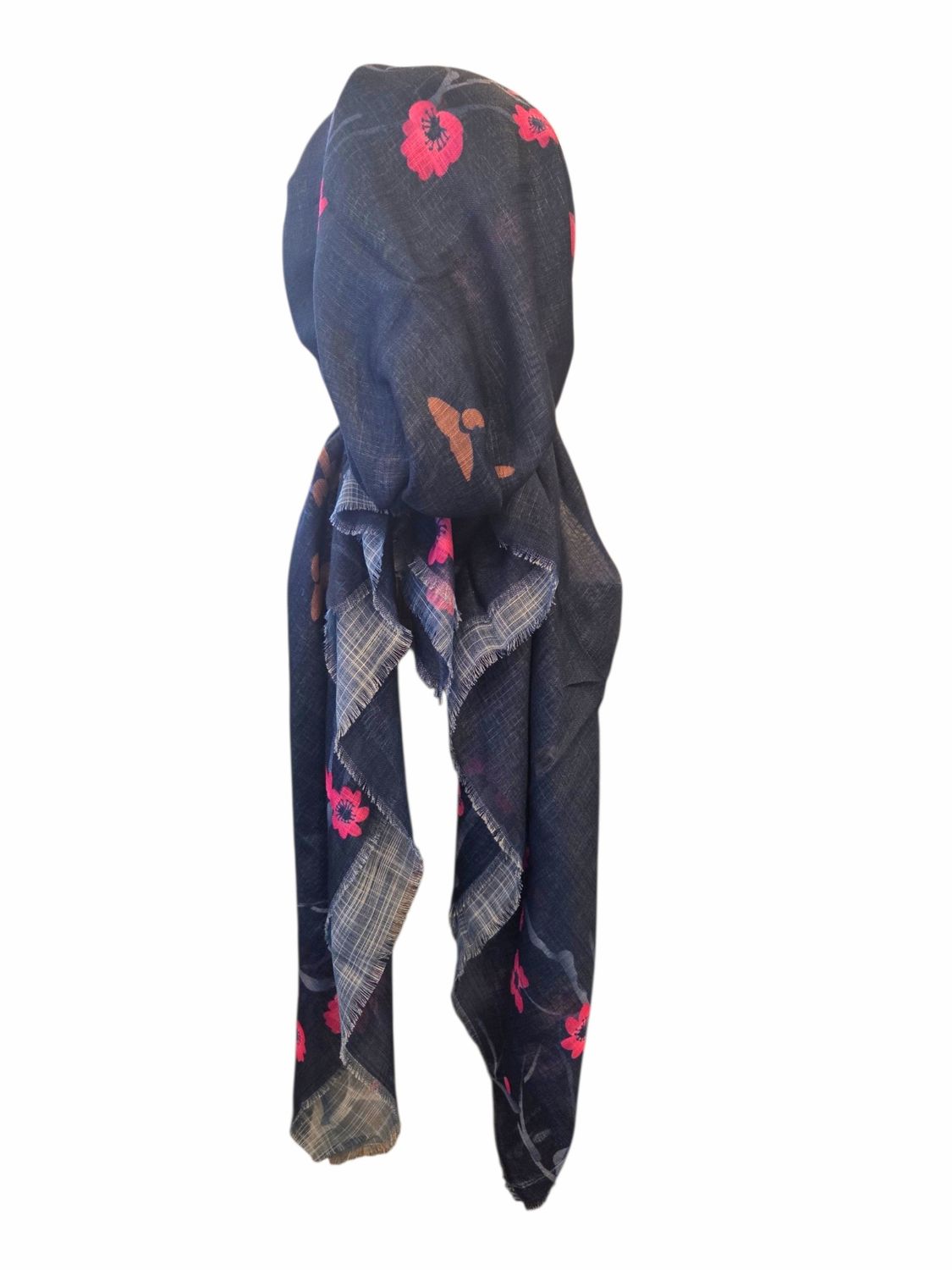 Navy flowers &amp; birds - soft fringes pretied tichel