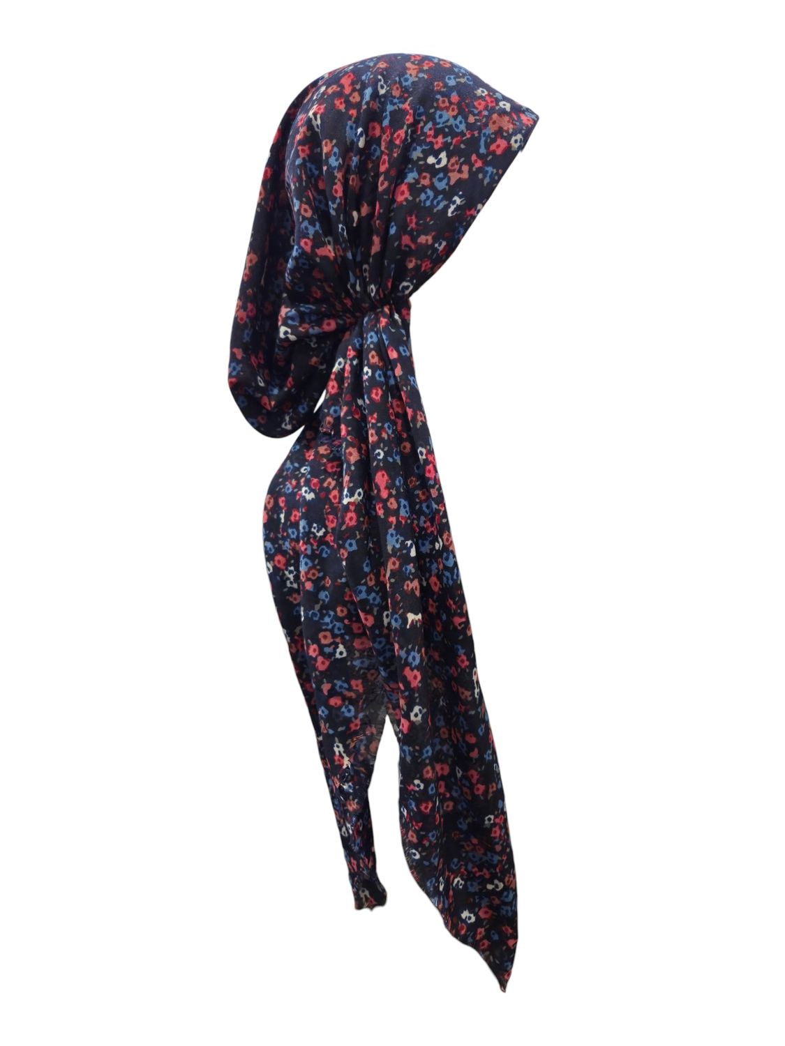 Navy/hot pink - mini floral - soft fringes pretied tichel