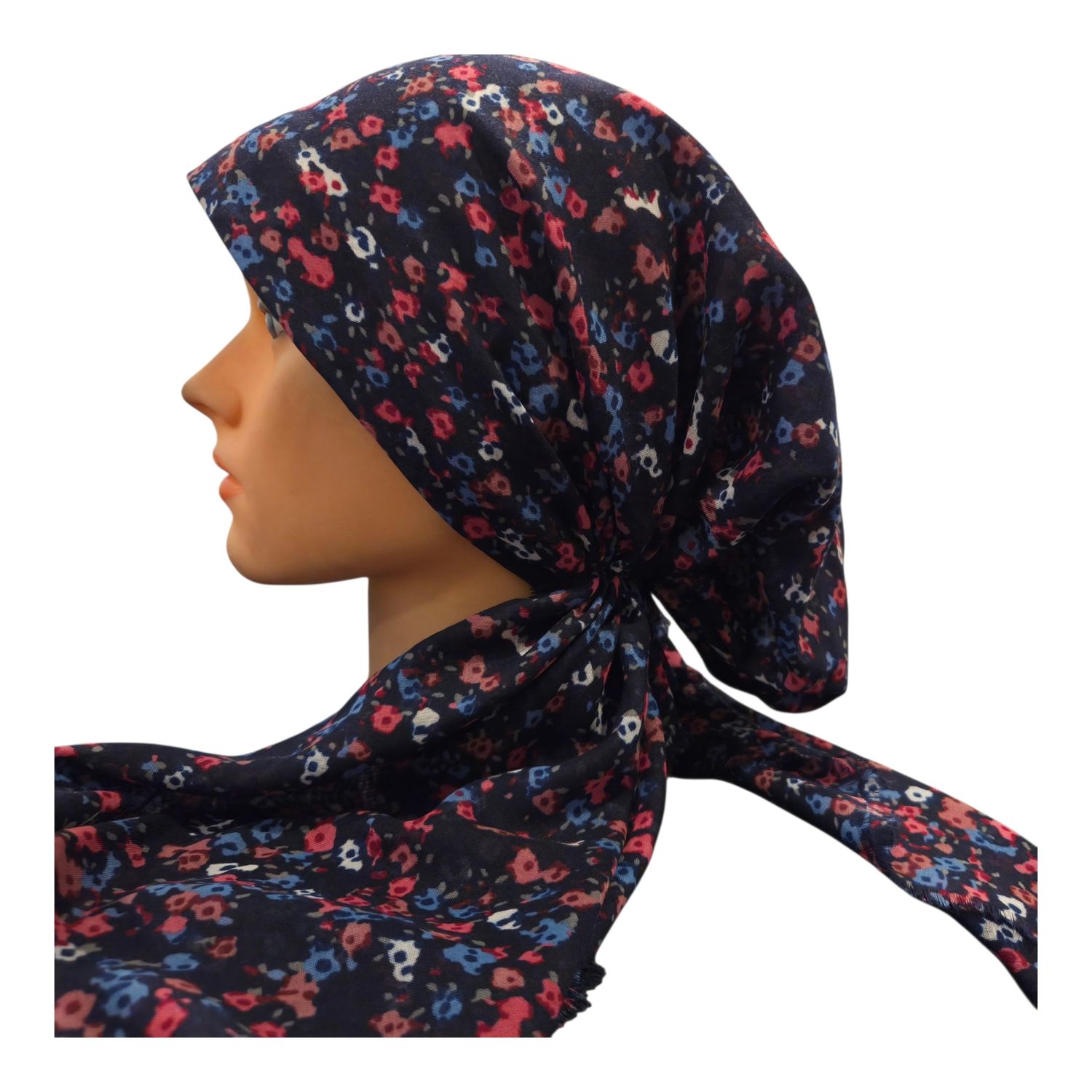 Navy/hot pink - mini floral - soft fringes pretied tichel