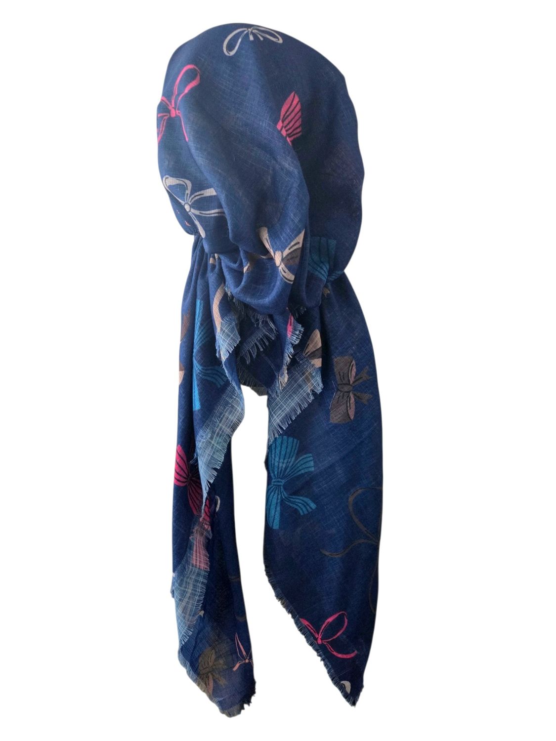 Navy bows patterned - soft fringes pretied tichel