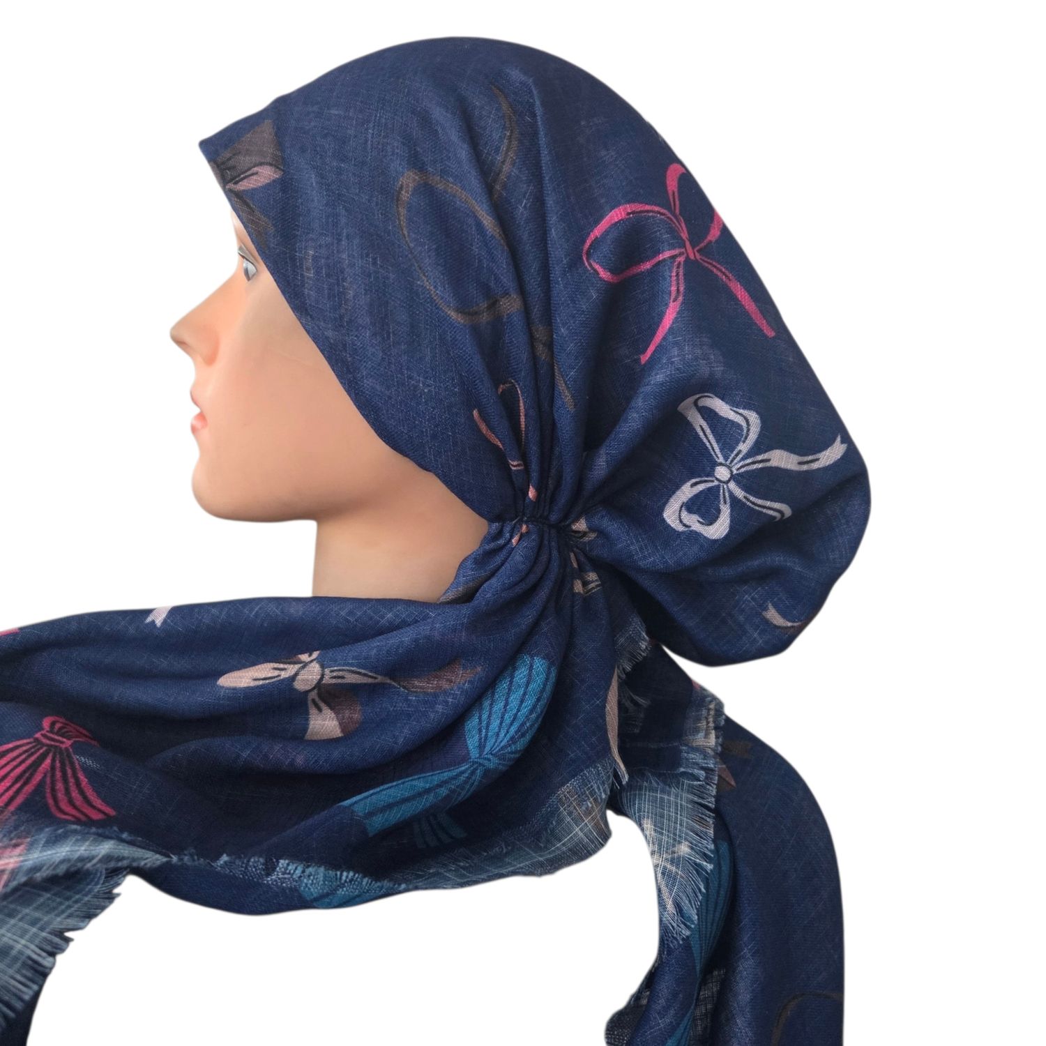 Navy bows patterned - soft fringes pretied tichel