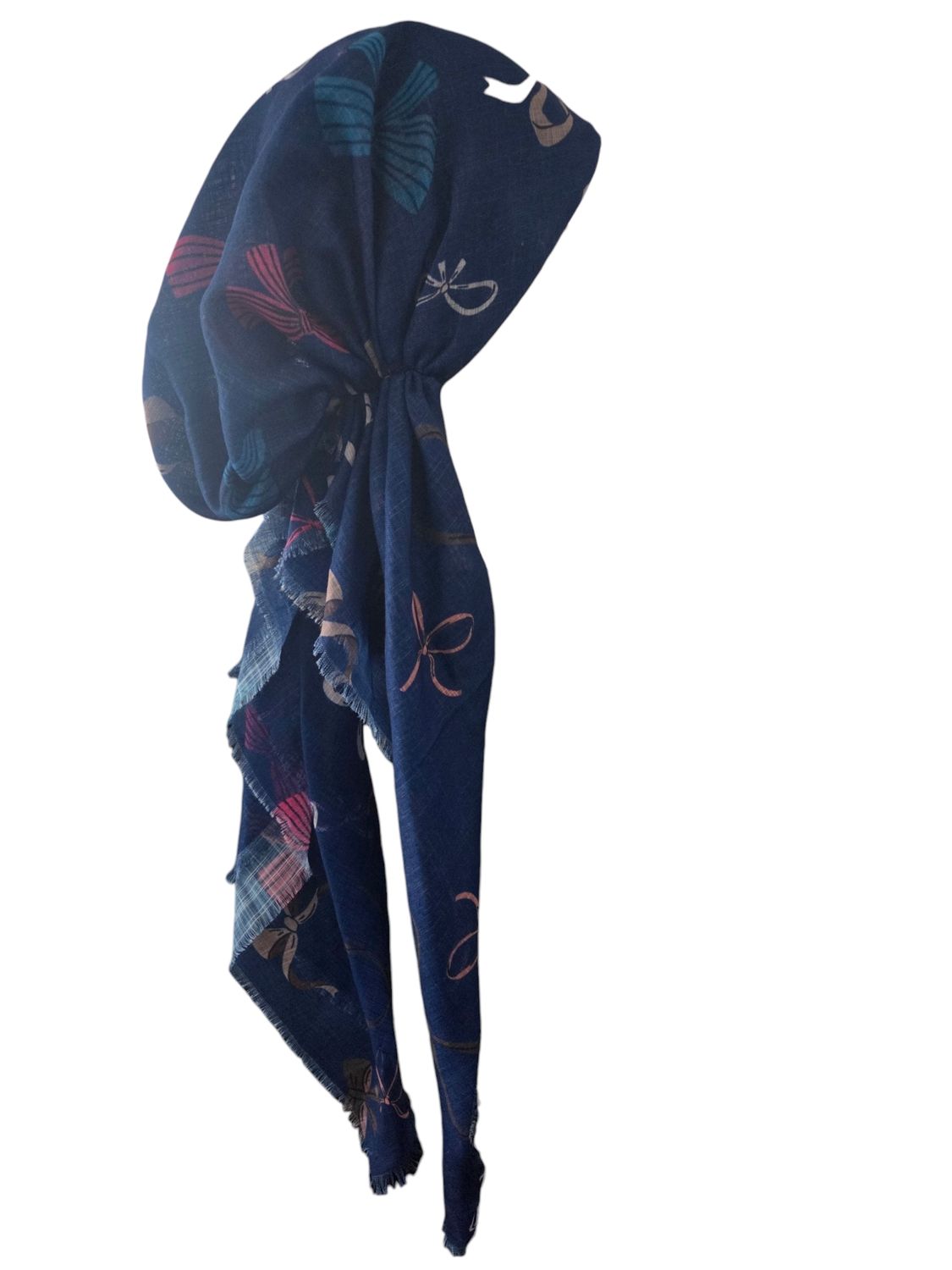 Navy bows patterned - soft fringes pretied tichel