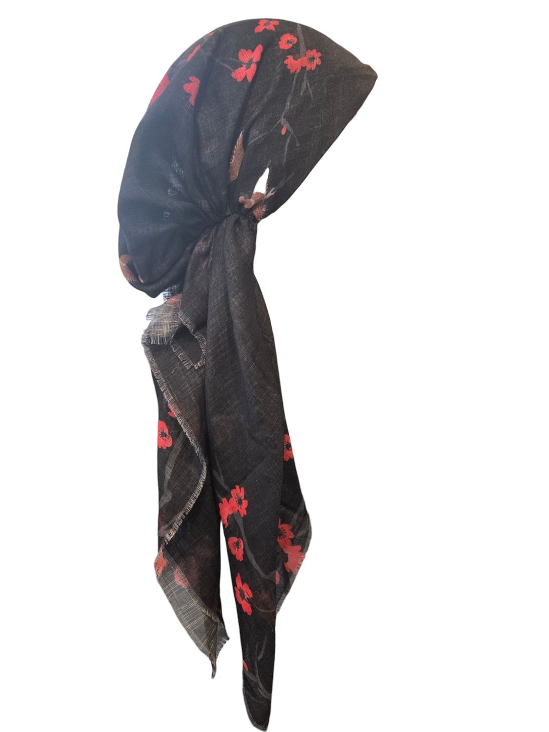 Black flowers &amp; birds - soft fringes pretied tichel