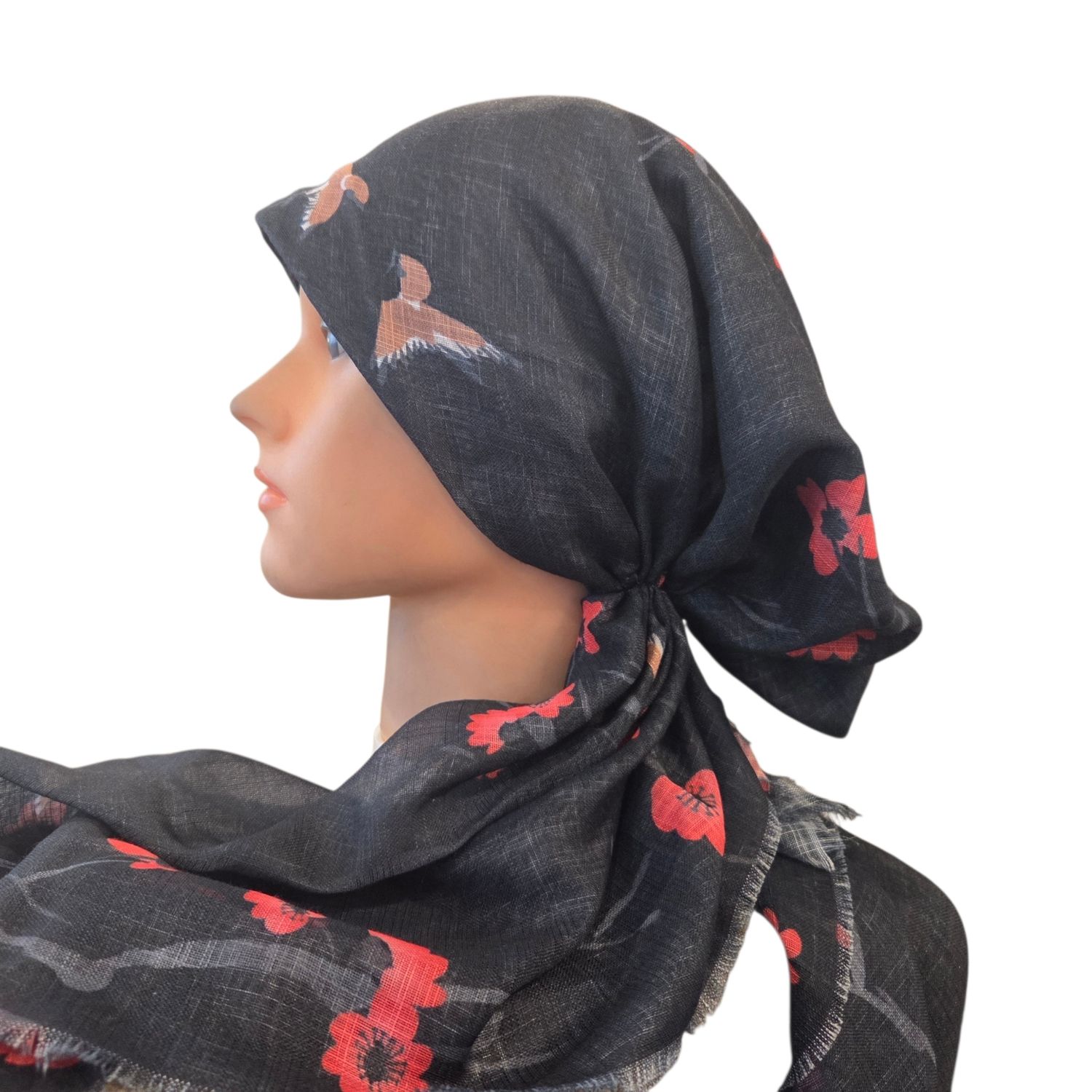 Black flowers &amp; birds - soft fringes pretied tichel