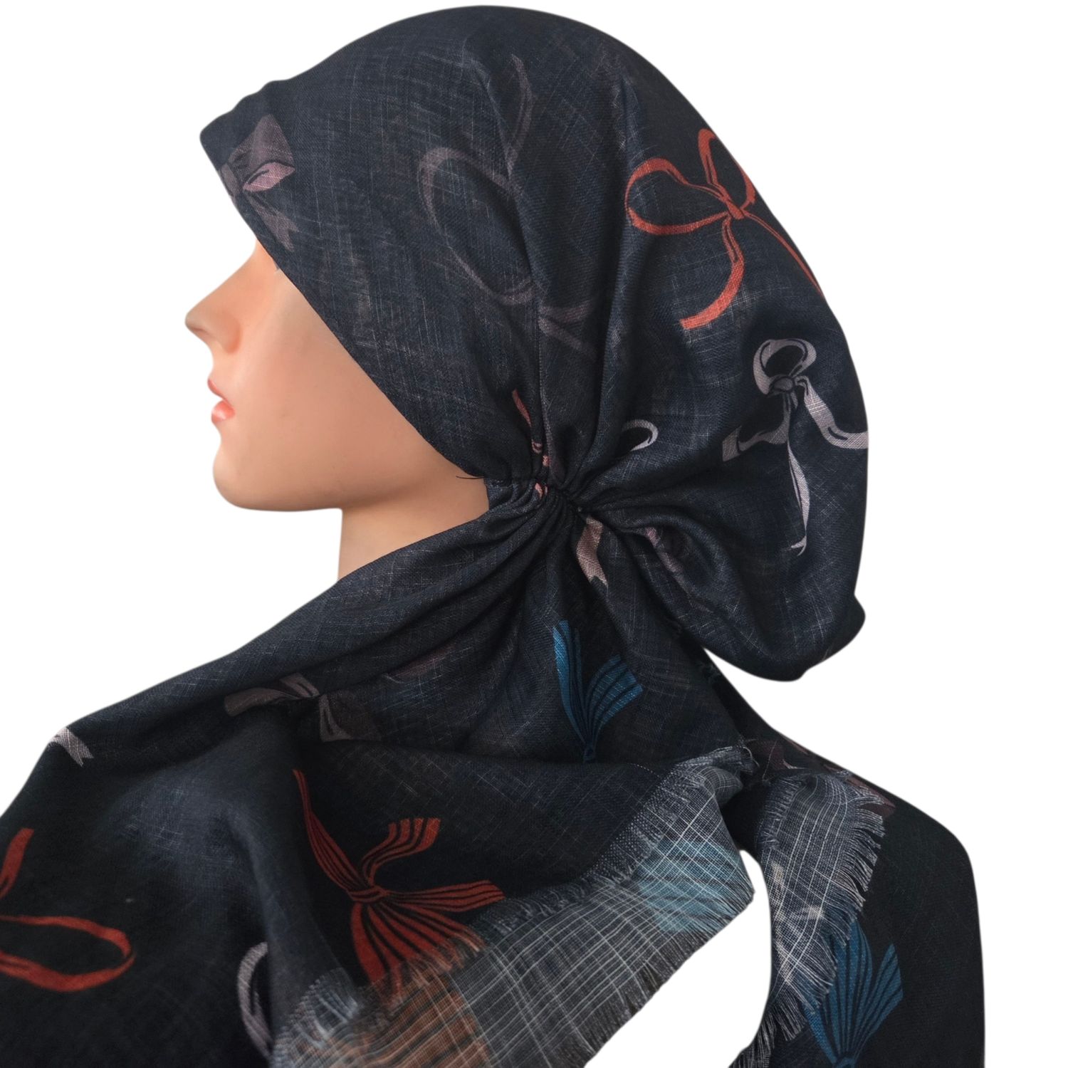 Black bows patterned - soft fringes pretied tichel