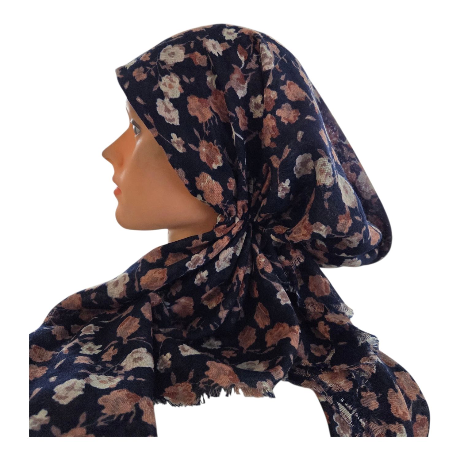 Navy/pink painted petals - soft fringes pretied tichel