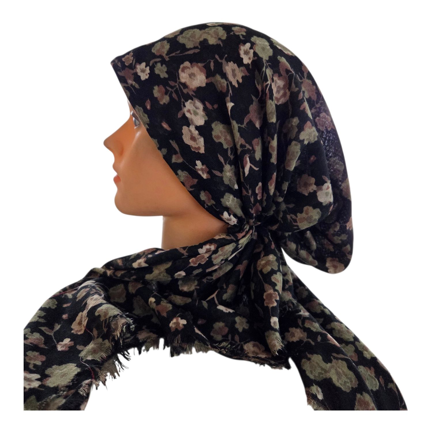 Black/olive painted petals - soft fringes pretied tichel