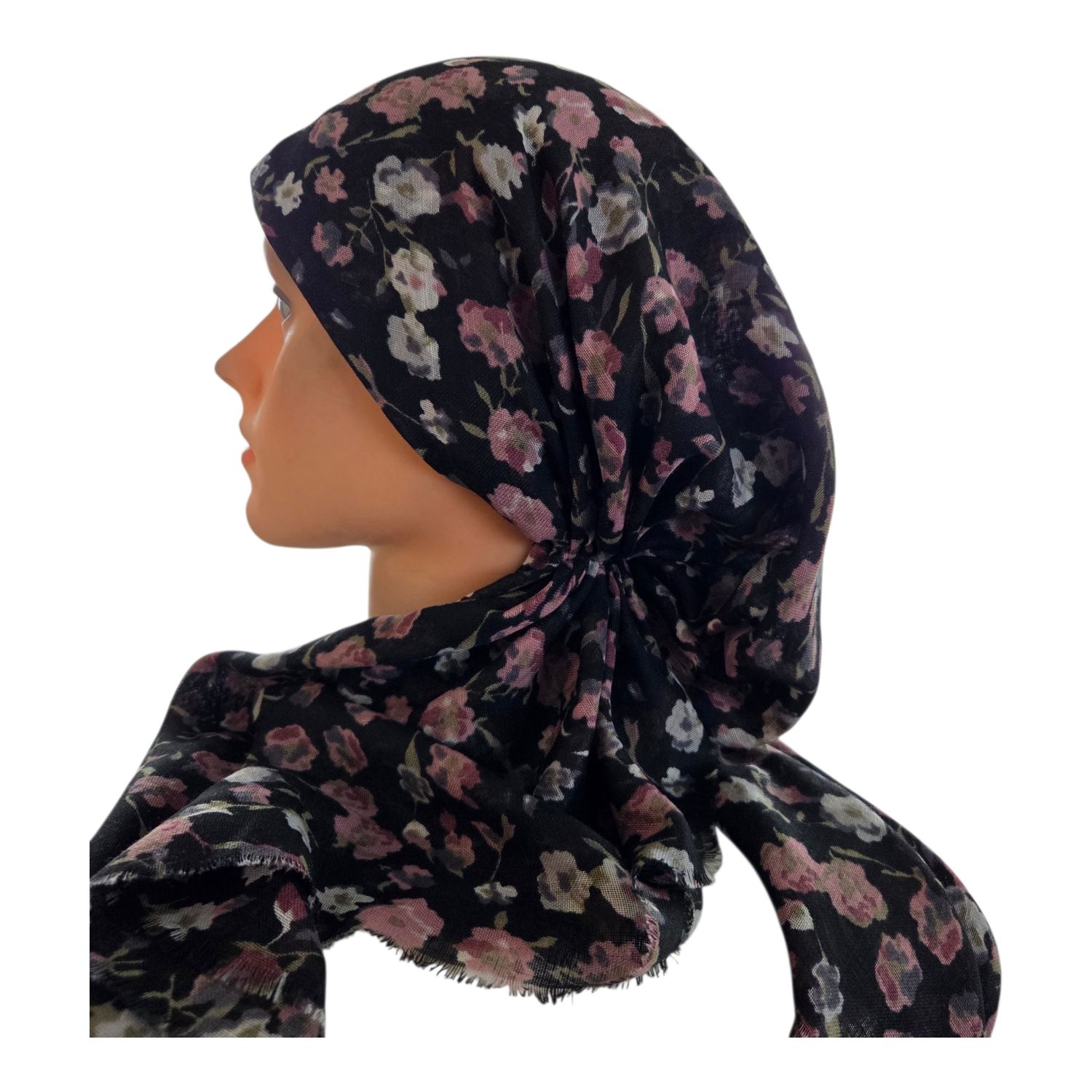 Black/pink painted petals - soft fringes pretied tichel